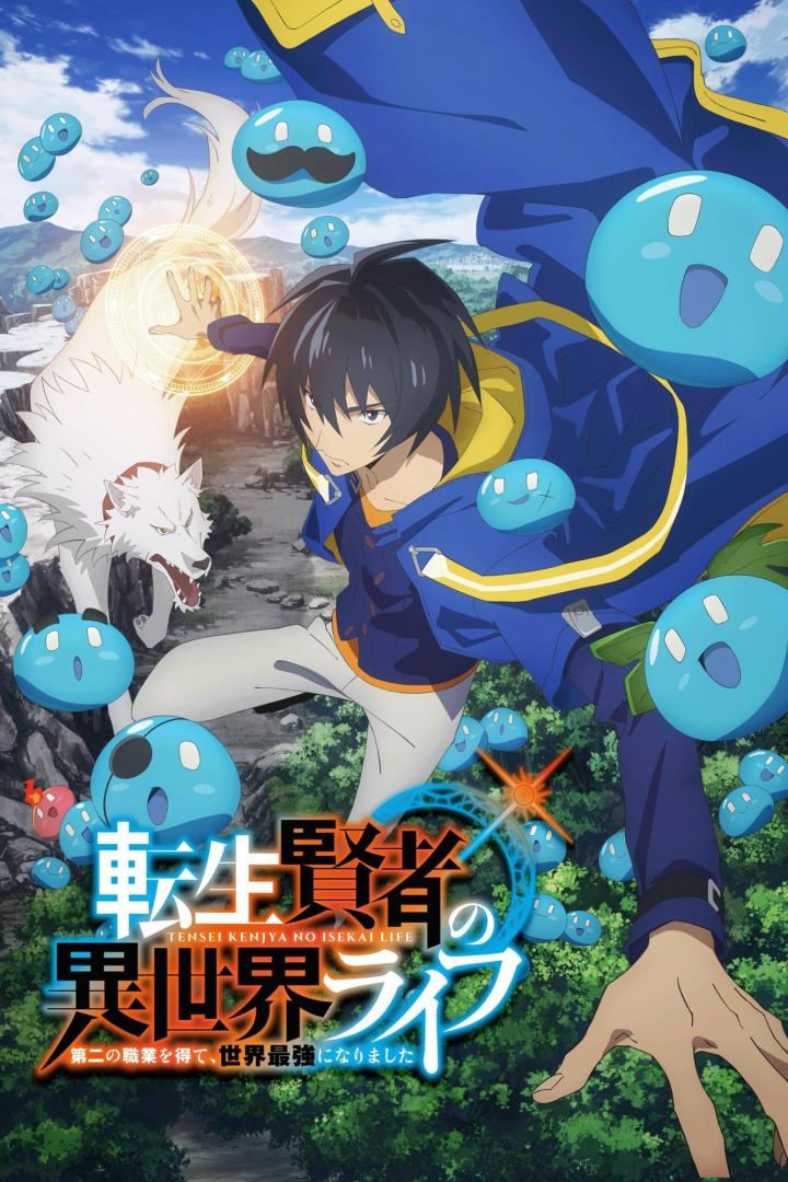 Ein Mann, begleitet von einem weißen Wolf und blauen Schleimwesen, scheint Magie zu wirken.