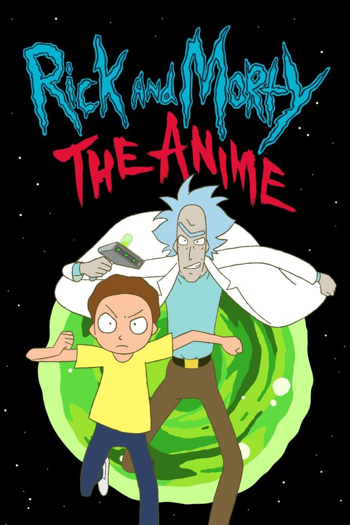 Rick und Morty stehen vor einem grünen Portal, darüber der Titel „Rick and Morty: The Anime“.