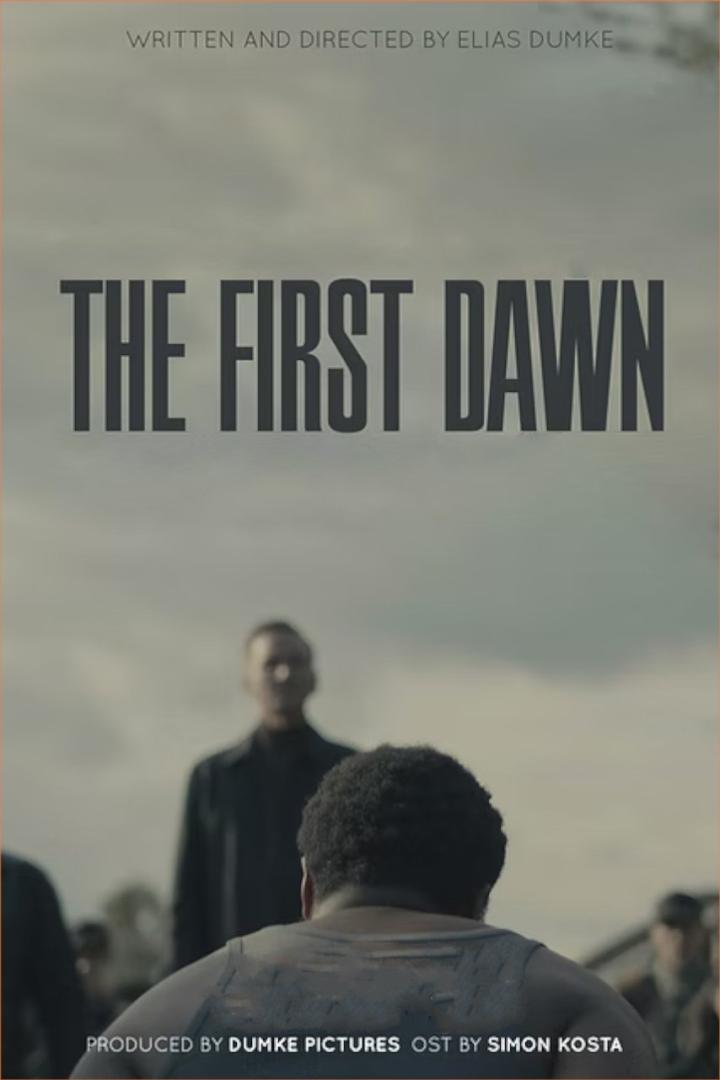 Das Filmplakat für „The First Dawn“ zeigt Personen vor einem trüben Himmel.