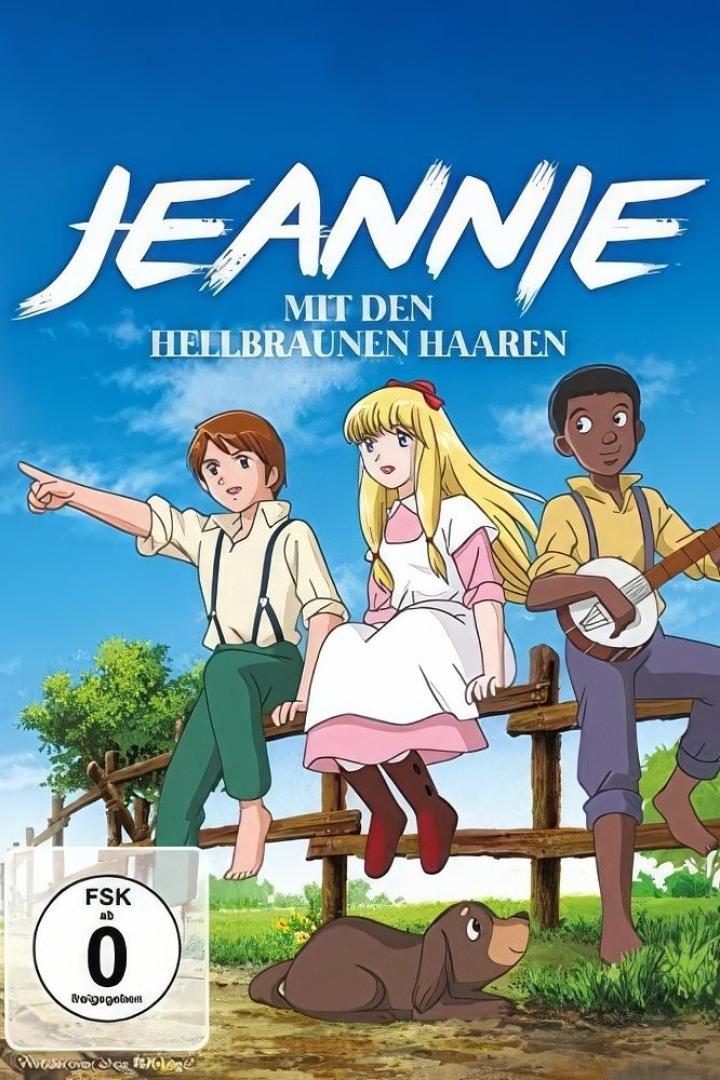 Das Cover des Anime „Jeannie mit den hellbraunen Haaren“ zeigt drei Kinder und einen Hund auf dem Land.