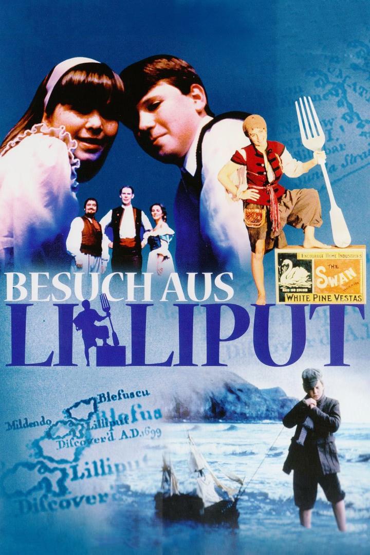 Das Filmplakat zu „Besuch aus Lilliput“ zeigt verschiedene Figuren und eine stilisierte Karte von Lilliput.