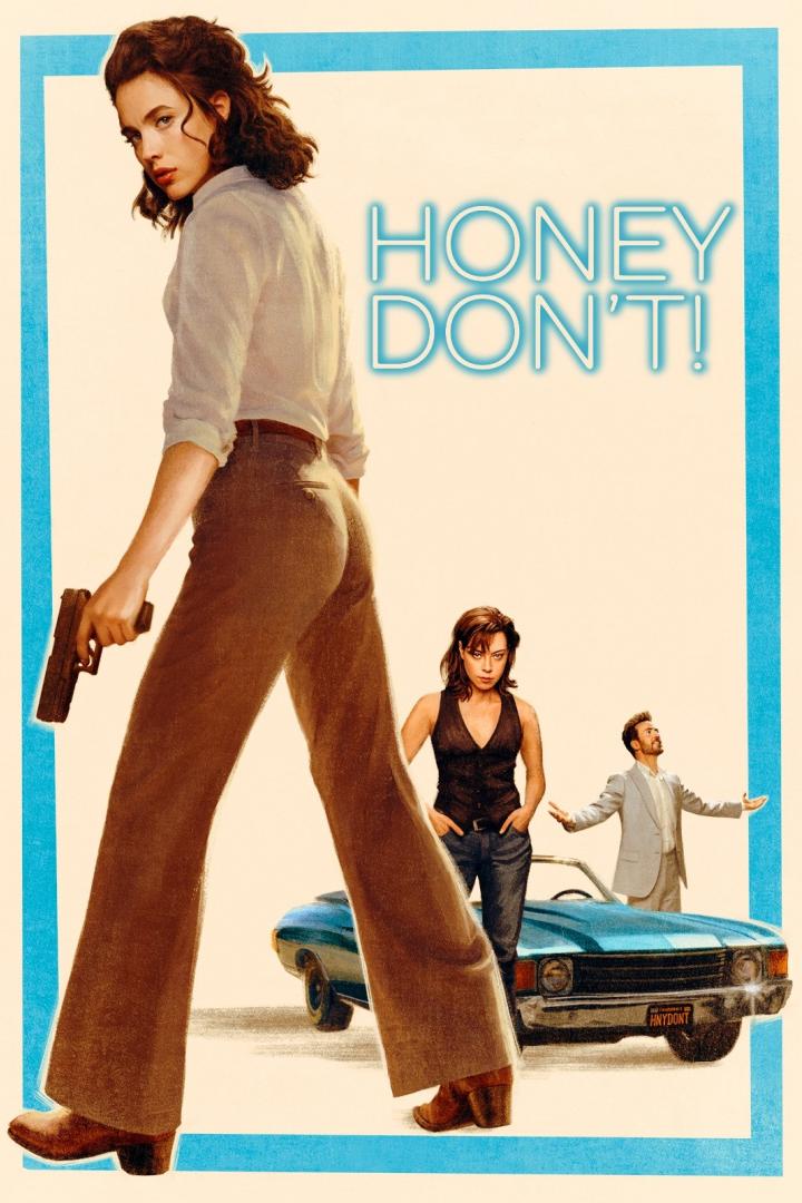 Das Filmplakat zu „Honey Don't!“ zeigt drei Personen und ein Auto.