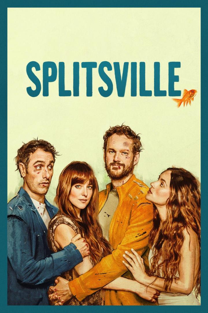 Das Filmplakat für „Splitsville“ zeigt vier verletzte Personen und einen Goldfisch.