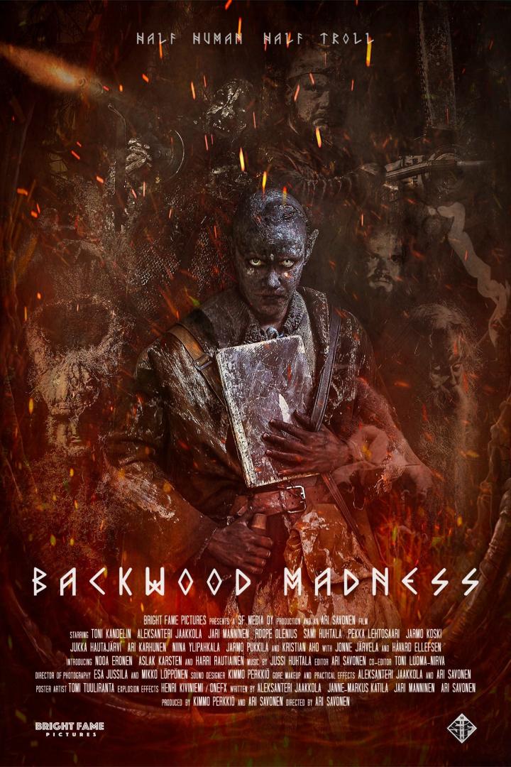 Ein düsteres Filmplakat für „Backwood Madness“ mit einem unheimlichen Mischwesen im Vordergrund.