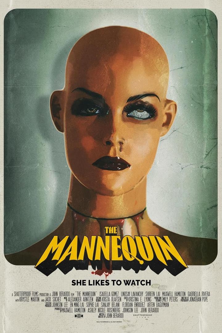 Das Filmplakat für „The Mannequin“ zeigt eine unheimliche, kahle Schaufensterpuppe mit Blut am Hals.