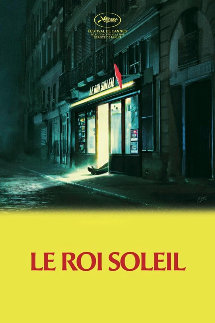 Das Filmplakat für „Le Roi Soleil“ zeigt eine Straßenszene bei Nacht vor einem Laden.