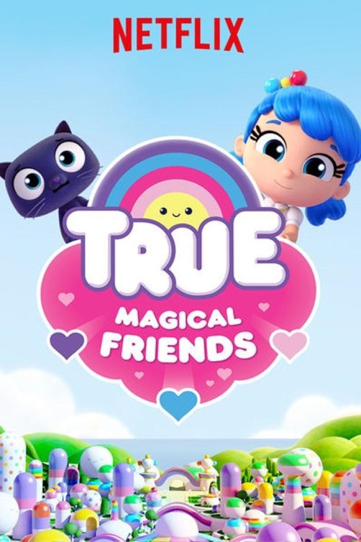 Das Netflix-Logo und das Titelbild von „True und die Zauberfreunde“ mit True und Bartleby.