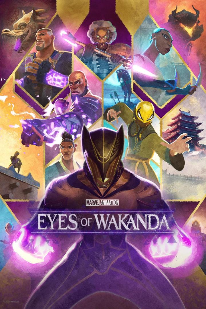 Das Poster für „Eyes of Wakanda“ von Marvel Animation zeigt verschiedene Charaktere in Aktion.