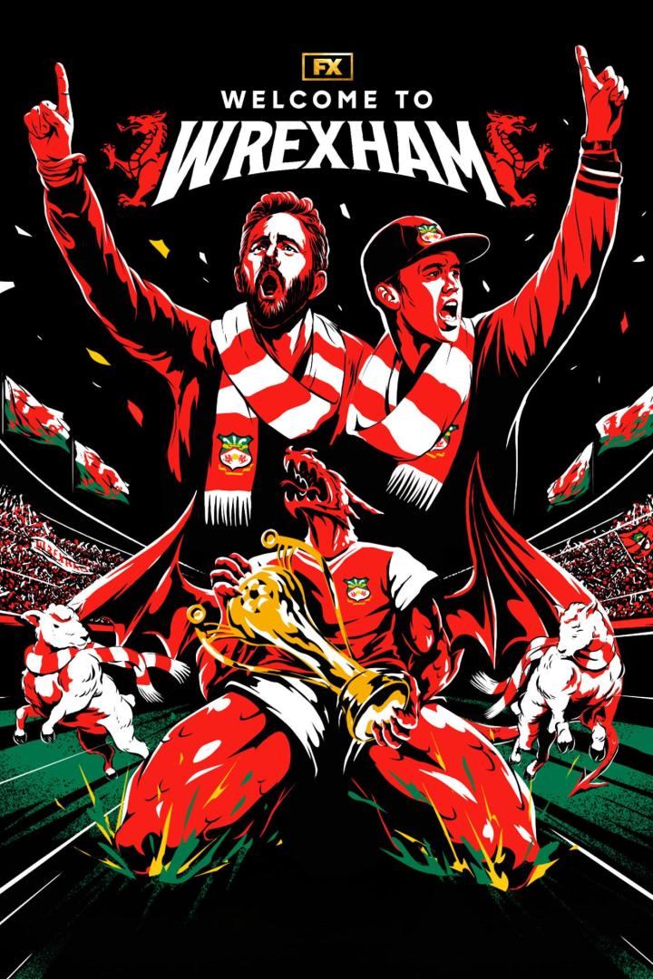 Eine Illustration zur Serie „Welcome to Wrexham“ mit Ryan Reynolds und Rob McElhenney.