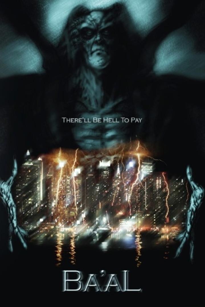 Das Filmplakat für „Ba'al“ zeigt ein dämonisches Wesen über einer Stadtlandschaft mit Blitzen.