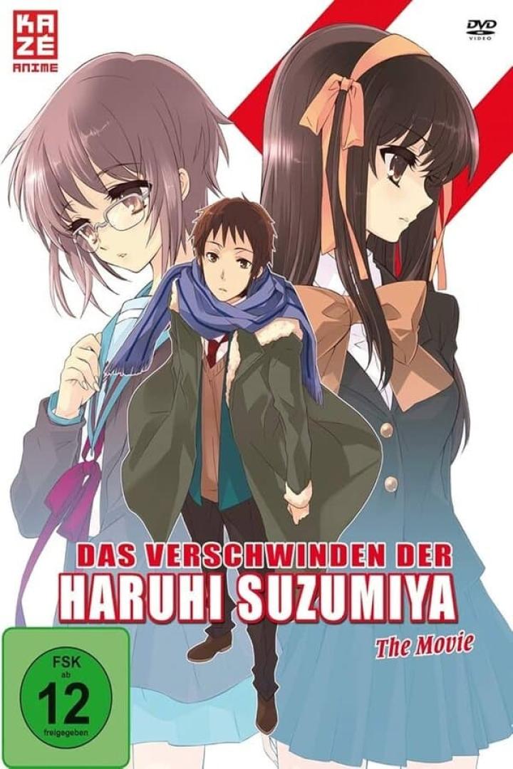 Das Cover des Films „Das Verschwinden der Haruhi Suzumiya“ mit drei Anime-Charakteren.