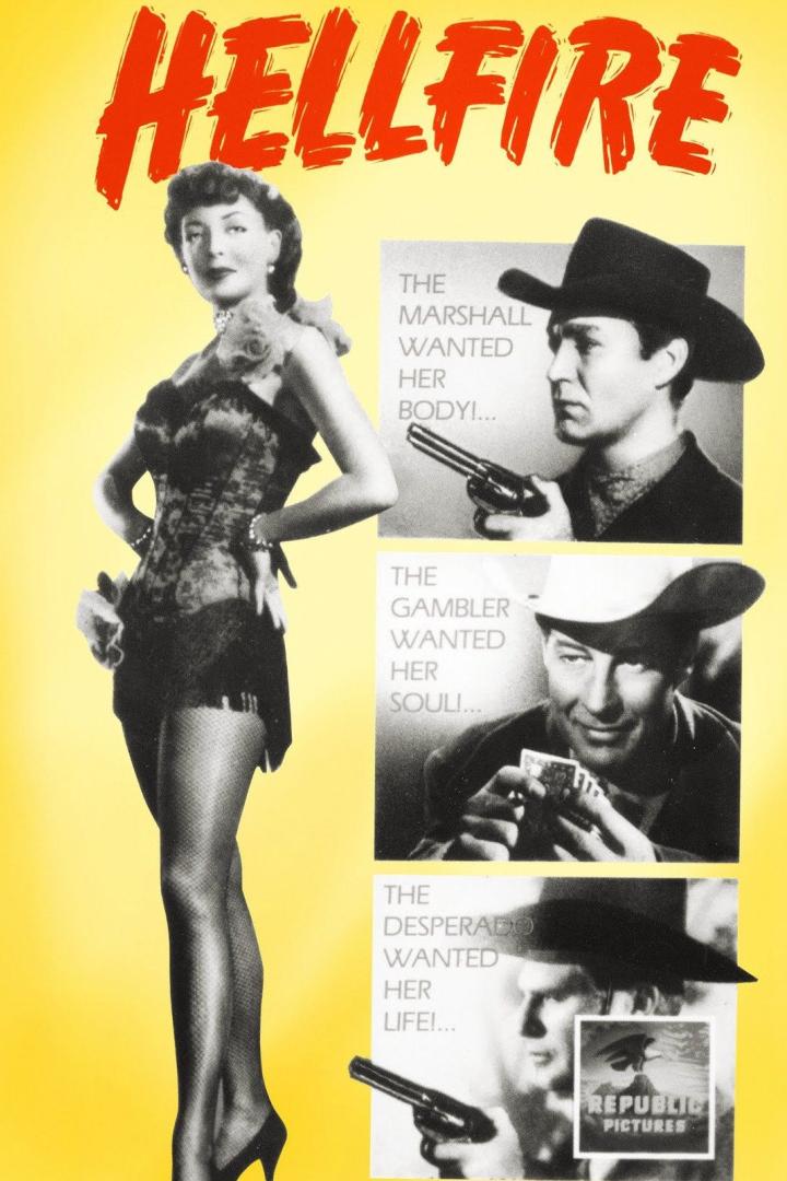 Das Filmplakat für „Hellfire“ zeigt eine Frau und drei Männer mit Waffen.