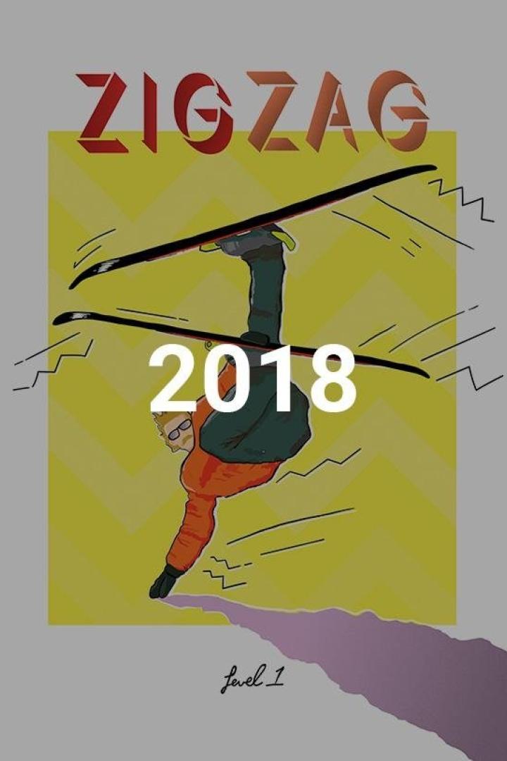 Ein Skifahrer macht einen Trick in der Luft vor einem gelben Hintergrund mit dem Schriftzug „Zigzag 2018“.