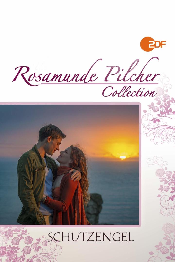 Ein Paar umarmt sich vor einem Sonnenuntergang am Meer, Cover von „Rosamunde Pilcher – Schutzengel“.