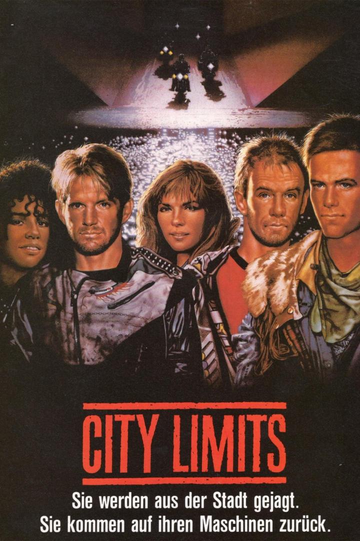 Das Filmplakat für „City Limits“ zeigt eine Gruppe junger Leute und Motorräder im Hintergrund.