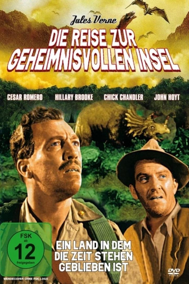 Das Filmplakat zu „Die Reise zur geheimnisvollen Insel“ mit Cesar Romero und Dinosauriern.