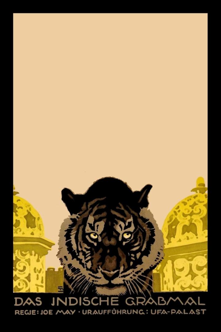 Ein Tiger blickt auf dem Filmplakat zu „Das indische Grabmal“ zwischen goldenen Kuppeln hervor.
