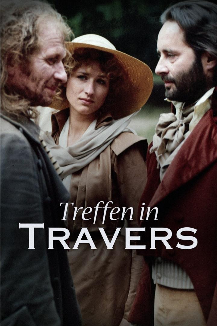 Das Filmplakat für „Treffen in Travers“ zeigt drei Personen in historischer Kleidung.