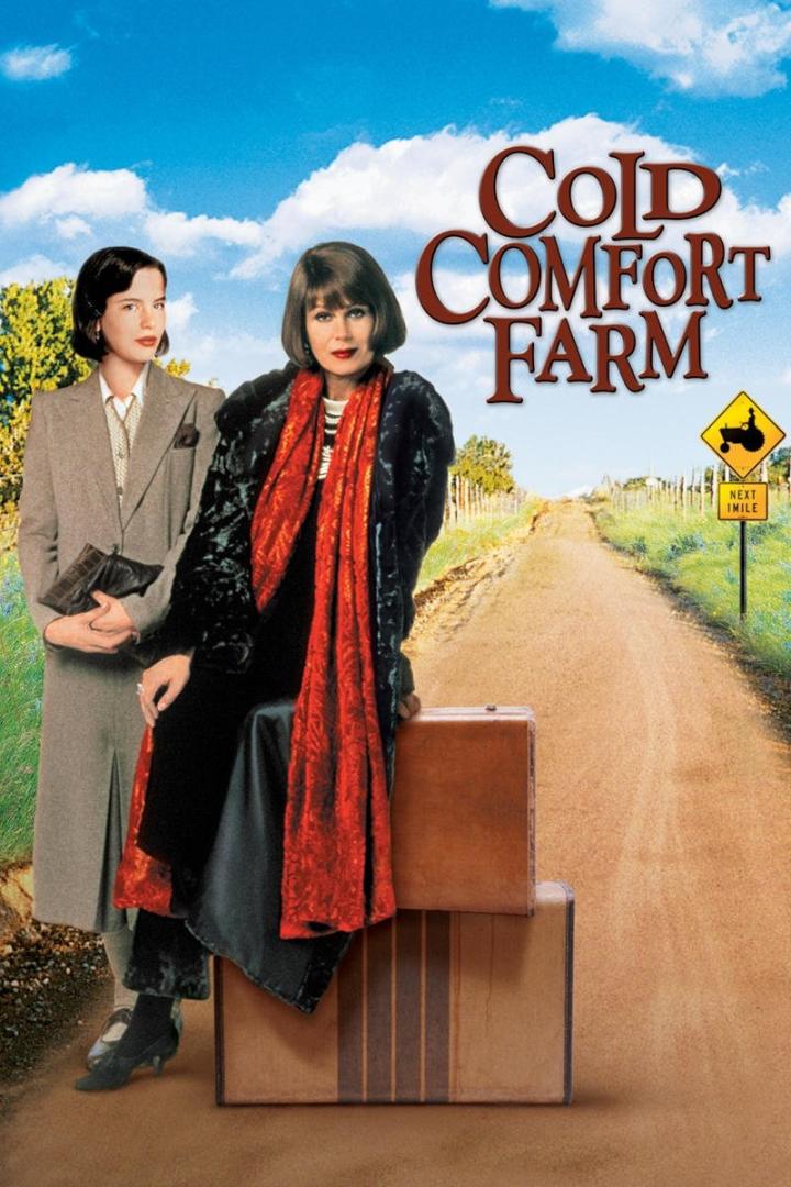 Das Filmplakat für „Cold Comfort Farm“ zeigt zwei Frauen und Koffer vor einer ländlichen Szene.