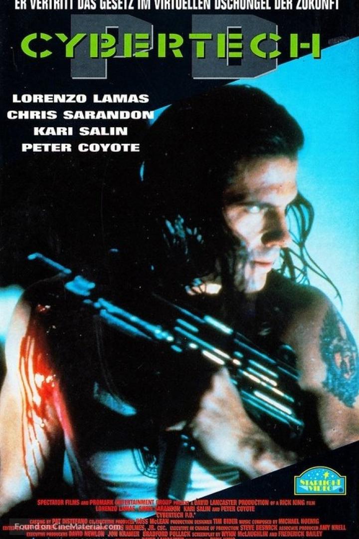 Das Filmplakat für „Cybertech“ zeigt einen Mann mit einer Waffe.