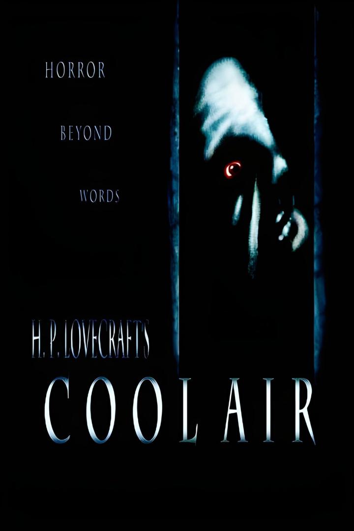 Das Filmplakat für H.P. Lovecrafts „Cool Air“ zeigt ein Gesicht im Dunkeln mit einem roten Auge.
