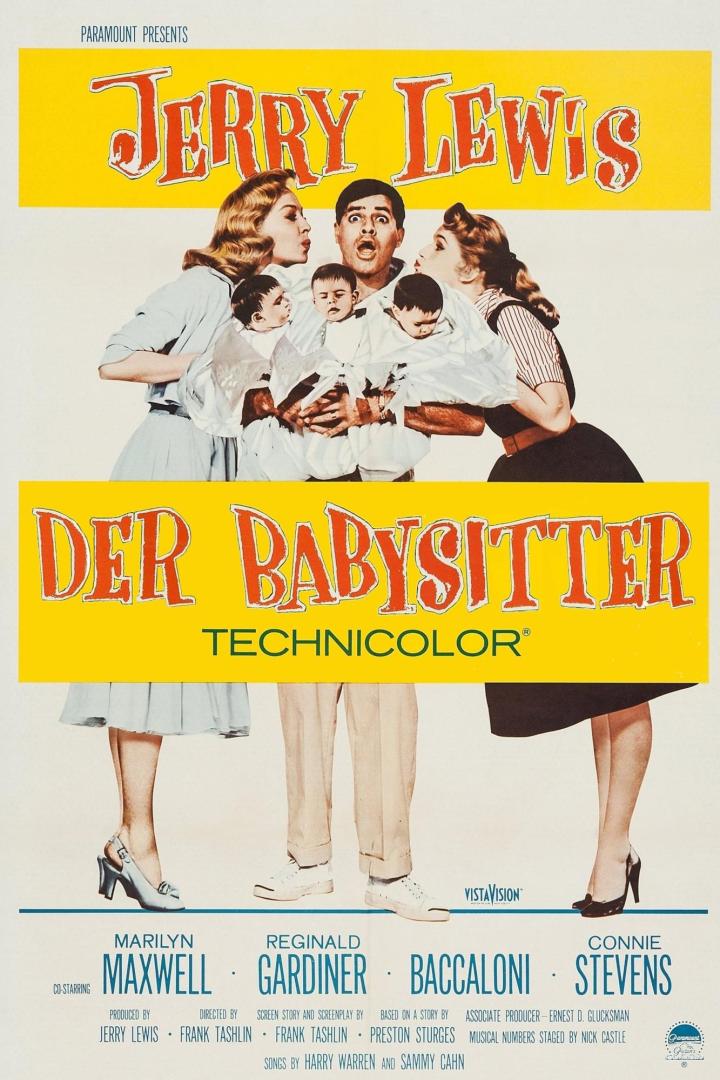 Das Filmplakat zu „Der Babysitter“ mit Jerry Lewis, umgeben von Babys und zwei Frauen.