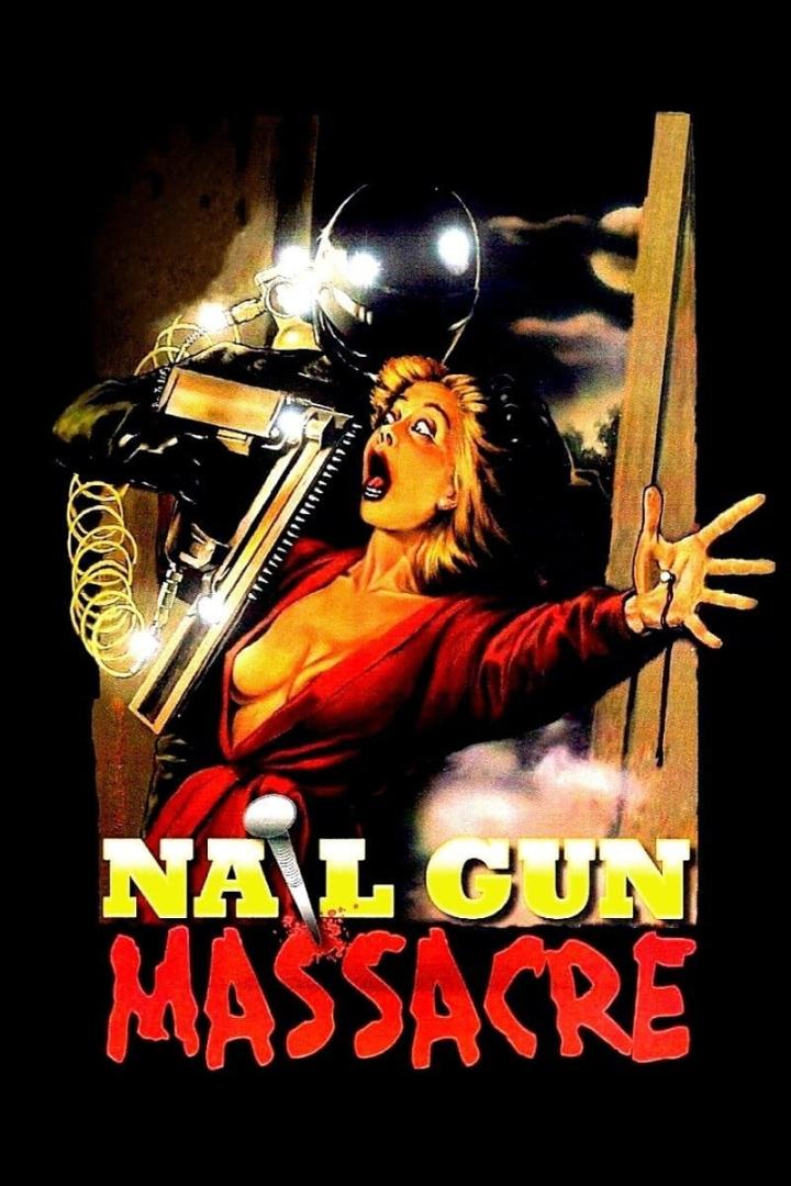 Ein Mann mit einer Nagelpistole bedroht eine schreiende Frau; Filmposter für „Nail Gun Massacre“.