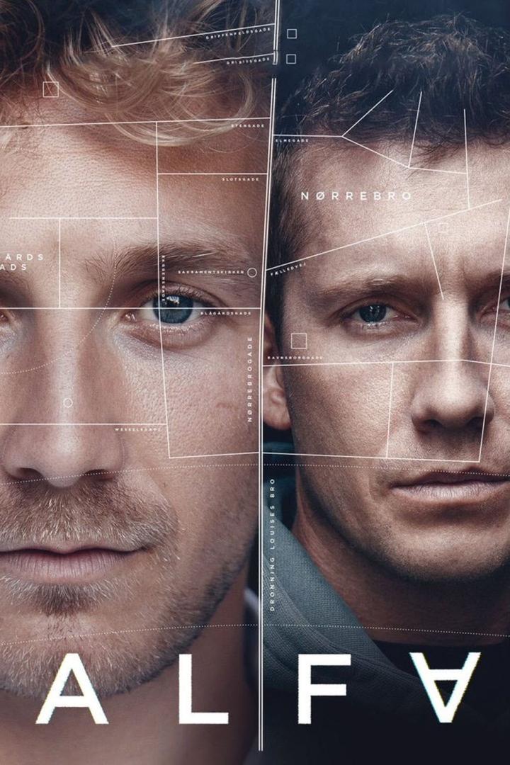 Das Filmplakat für „Alfa“ zeigt zwei Männergesichter, überlagert von einem Stadtplan von Nørrebro.