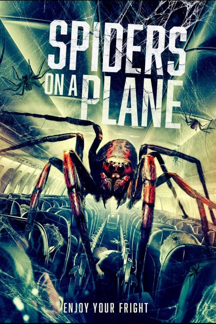 Das Filmplakat für „Spiders on a Plane“ zeigt Spinnen in einem Flugzeug.
