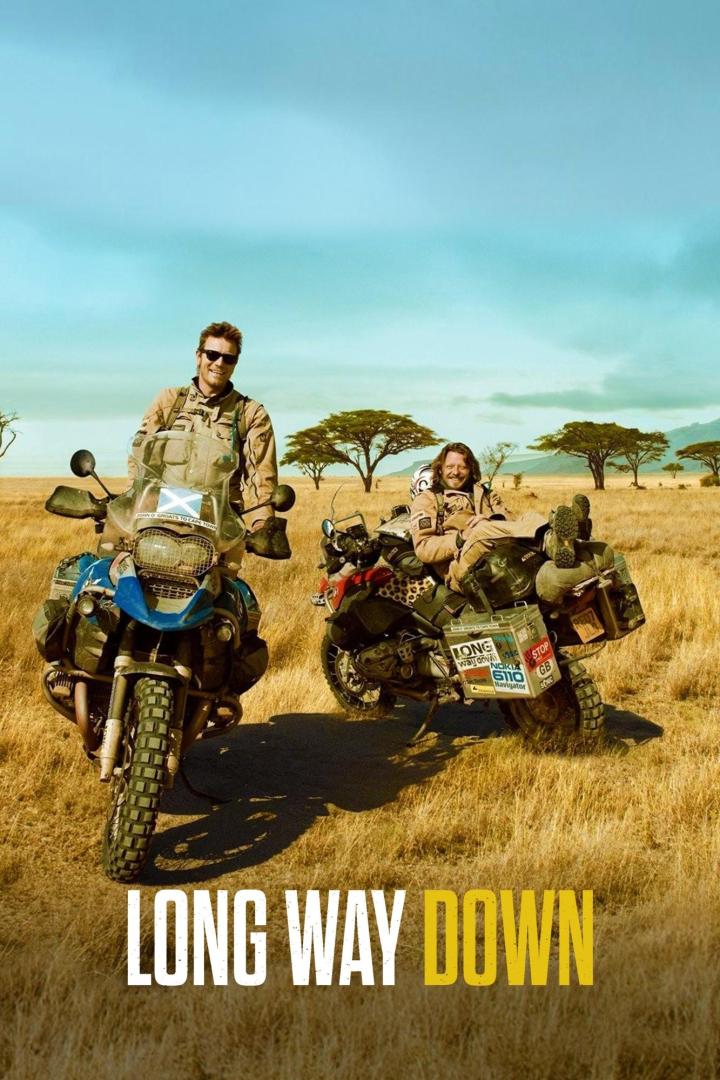 Ewan McGregor und Charley Boorman auf ihren Motorrädern in der Landschaft für „Long Way Down“.