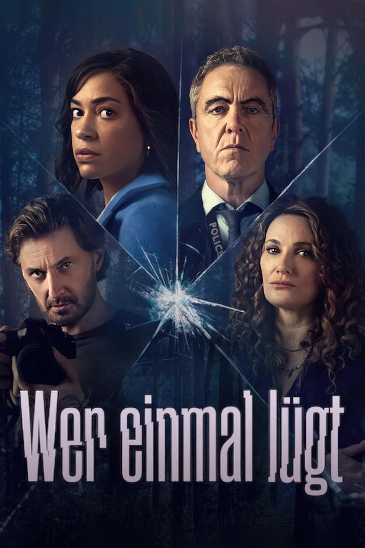Das Filmplakat für „Wer einmal lügt“ zeigt vier Personen vor einem dunklen Wald.