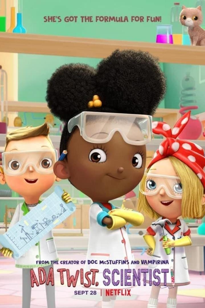 Das Poster für die Netflix-Serie „Ada Twist, Scientist“ mit Ada und ihren Freunden im Labor.