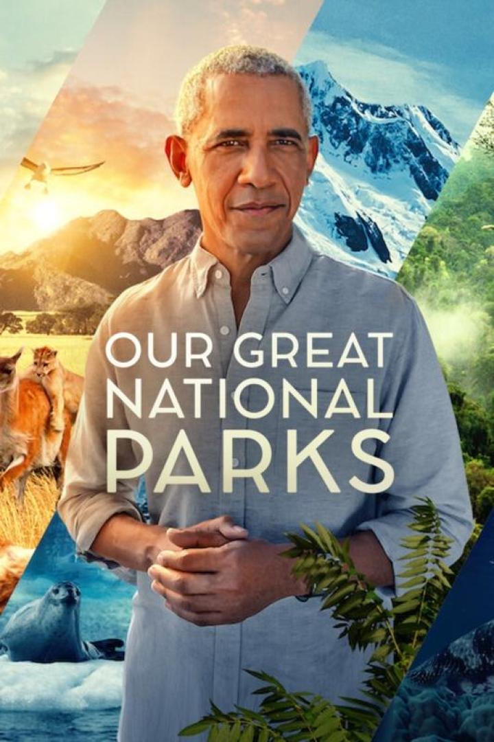 Das Poster für „Unsere grossen Nationalparks“ mit Barack Obama vor verschiedenen Naturlandschaften.