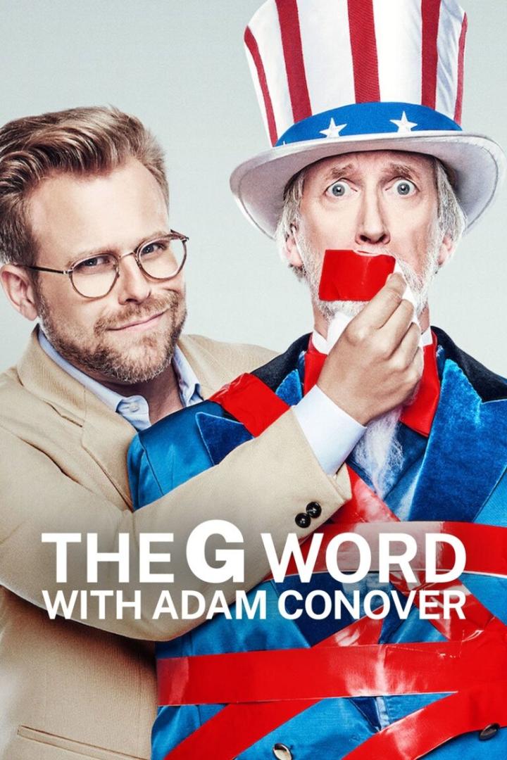 Adam Conover mit einem als Uncle Sam verkleideten Mann, der mit rotem Klebeband gefesselt ist.