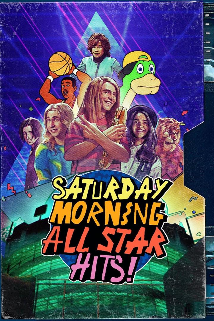Das Cover von „Saturday Morning All Star Hits!“ zeigt eine Gruppe von Menschen und Cartoonfiguren.