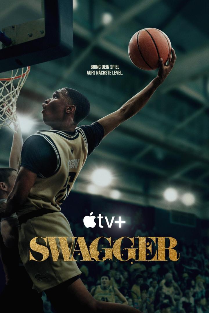 Ein Basketballspieler beim Dunking im Stil der Apple TV+ Serie „Swagger“.