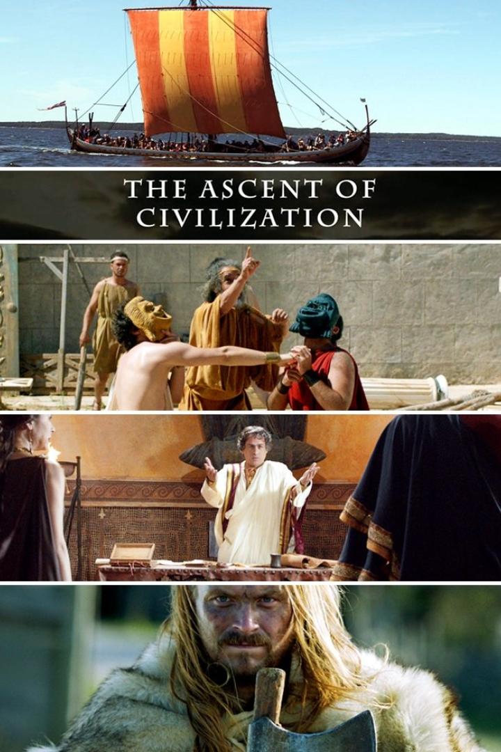 Mehrere Szenen aus „The Ascent of Civilization“ zeigen ein Schiff, Schauspieler in Kostümen und einen Mann mit einer Axt.