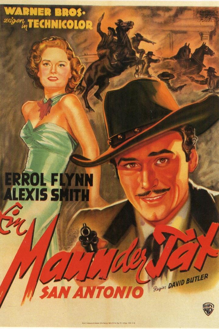 Das Filmplakat für „San Antonio“ mit Errol Flynn und Alexis Smith.