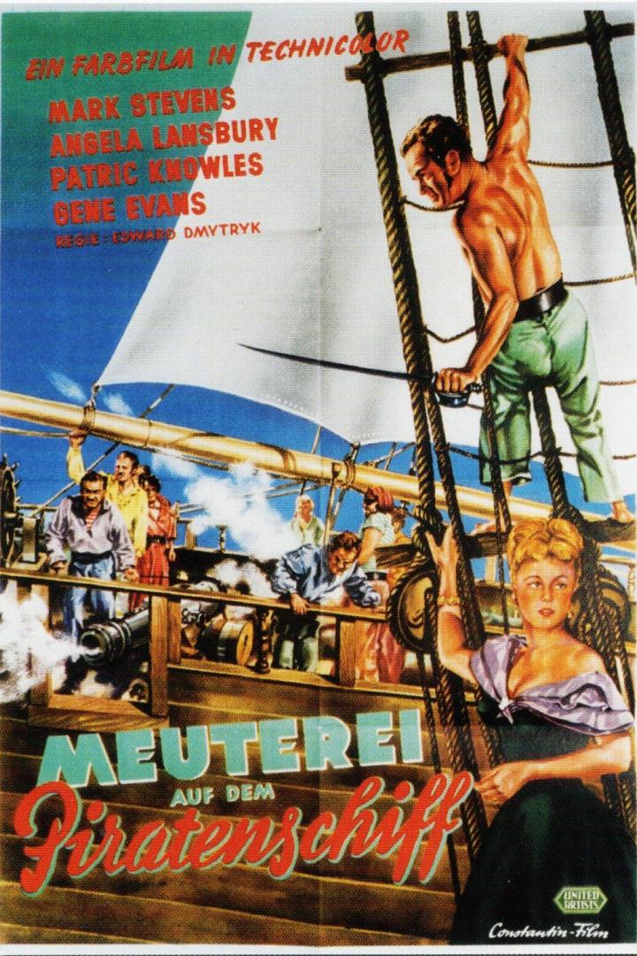 Das Filmplakat für „Meuterei auf dem Piratenschiff“ zeigt eine Szene auf einem Segelschiff.
