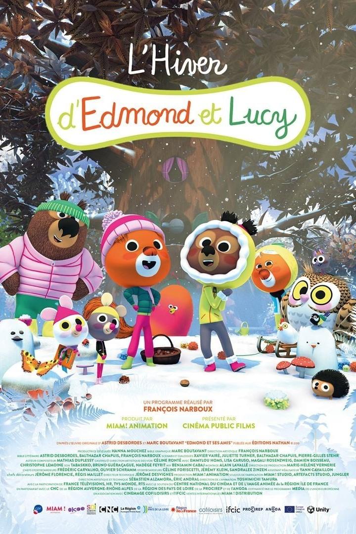 Das animierte Filmplakat zu „L'Hiver d'Edmond et Lucy“ zeigt eine Gruppe Waldtiere im Schnee.