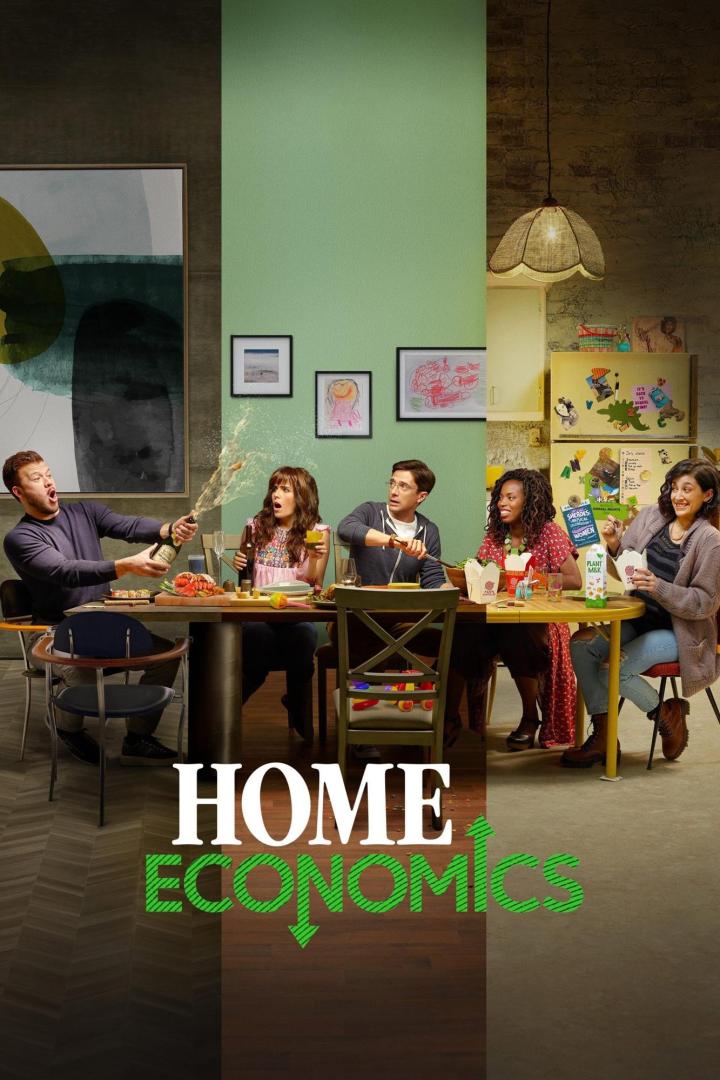 Das Poster für die Fernsehserie „Home Economics“ zeigt zwei Familien beim Essen.