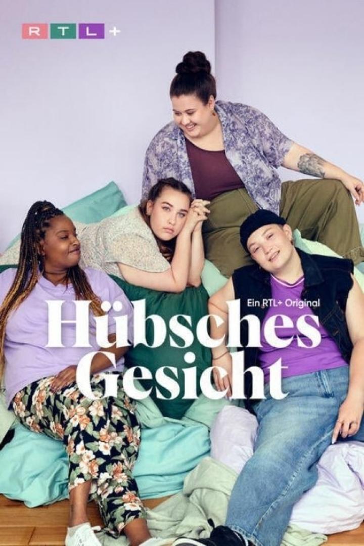 Das Cover der RTL+-Serie „Hübsches Gesicht“ zeigt vier junge Frauen unterschiedlicher Statur und Herkunft.