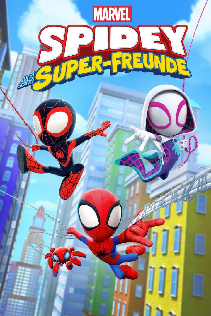 Szene mit Spidey, Ghost-Spider und Miles Morales aus der Serie „Spidey und seine Super-Freunde“.