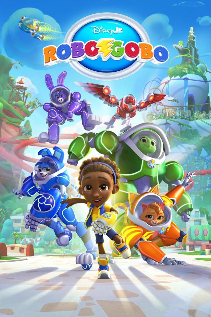 Das Poster für „RoboGobo“ von Disney Jr. zeigt die Hauptfiguren in Roboteranzügen.