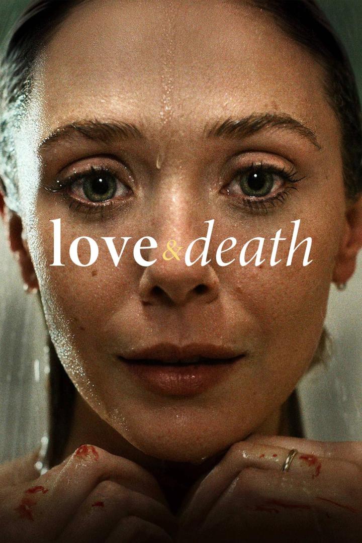 Das Gesicht von Elizabeth Olsen, bedeckt mit Wassertropfen, mit dem Titel „Love & Death“.