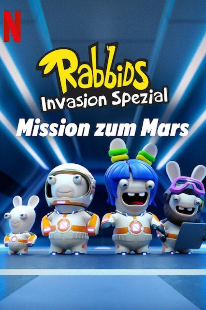 Das Poster für „Rabbids Invasion Spezial: Mission zum Mars“ zeigt vier Rabbids in Raumanzügen.