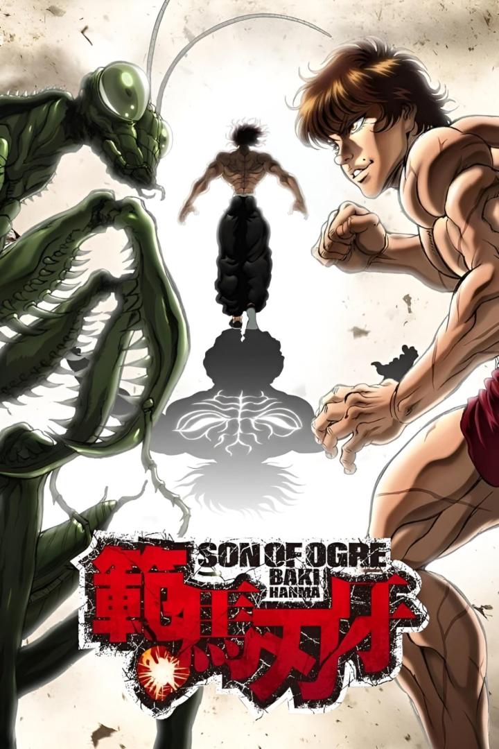 Ein Poster für „Baki Hanma: Son of Ogre“ mit Baki, einem Rieseninsekten und Yujiro Hanma im Hintergrund.