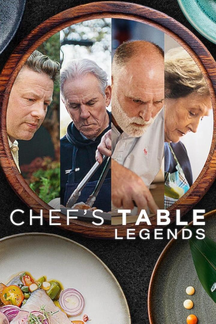 Das Poster für „Chef’s Table: Legends“ zeigt vier Köche in einem hölzernen Rahmen.