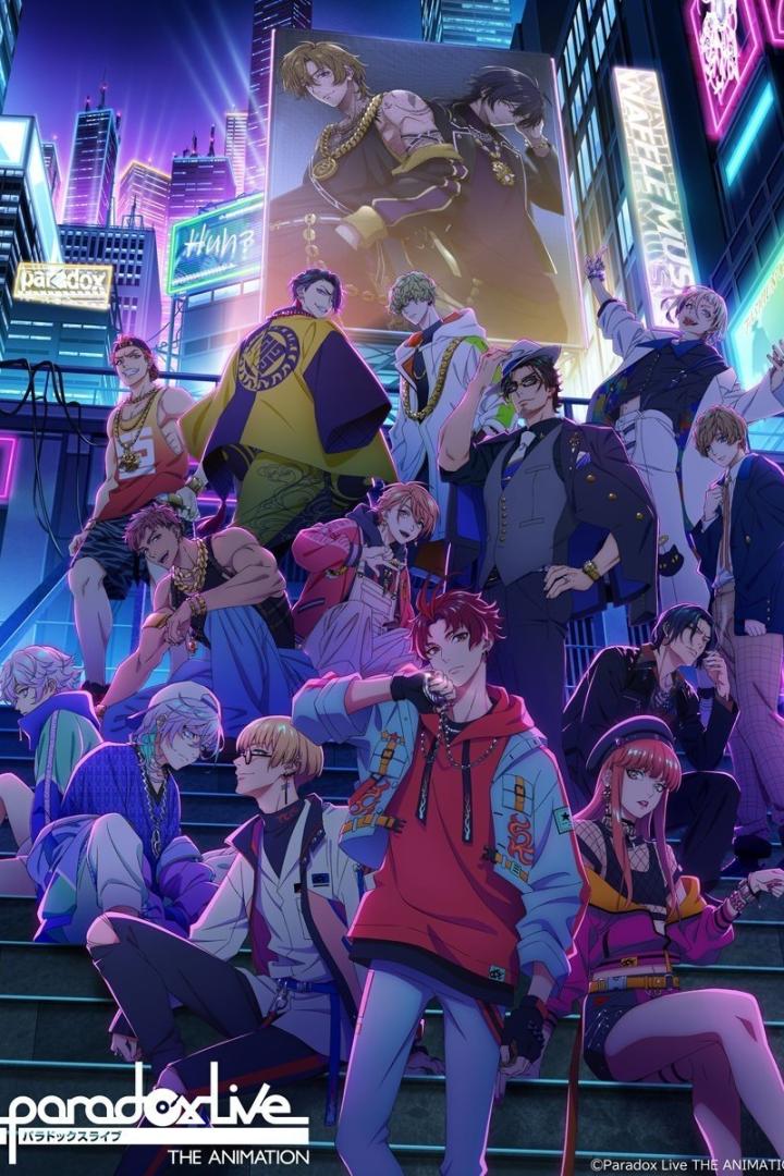 Ein Gruppenbild der Charaktere aus „Paradox Live The Animation“ vor einer futuristischen Stadtkulisse.