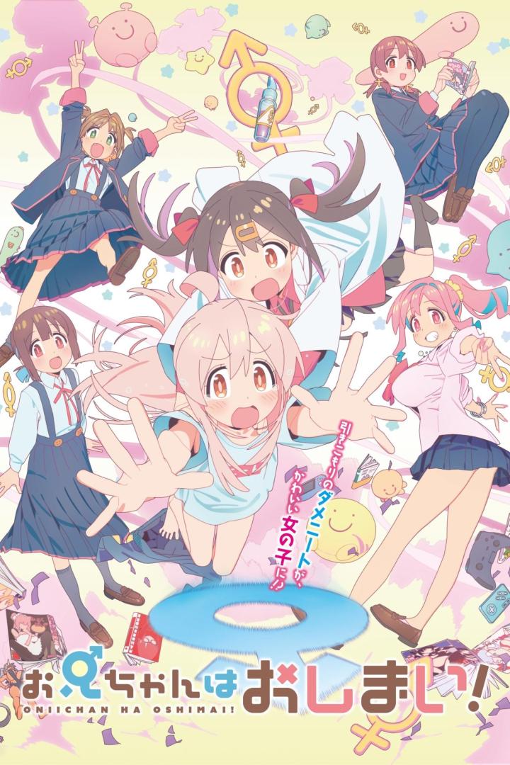 Das Cover von „Oniichan wa Oshimai!“ zeigt mehrere Anime-Mädchen in einer bunten, surrealen Szene.